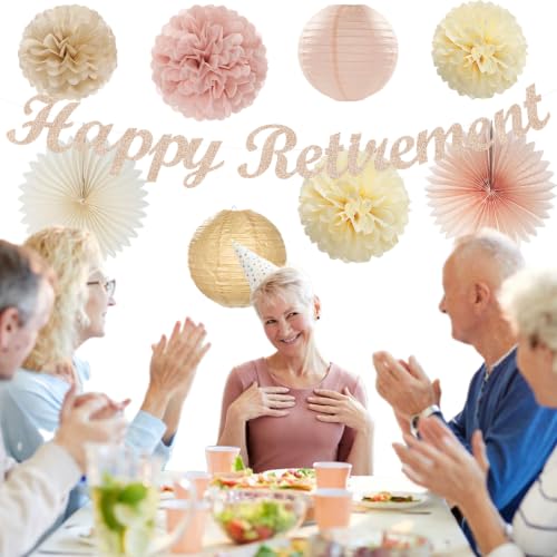 Image of Champagne Gold Beige Happy Retirement Banner Party Decorations Burgleda