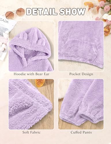Image of Shallmu Girl Clothes Size 7-8 Girls Outfits Long Sleeve Fuzzy Bear Ear Purple Hoodie Sweatshirt Sweatpants Little Girls Clothes Winter Warm Girls' Clothing Sets