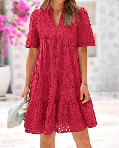 Image of BTFBM Womens Boho Summer Dresses 2026 Spring V Neck Short Sleeve Hollow Out Lace Ruffle Casual Beach Mini Vacation Dress