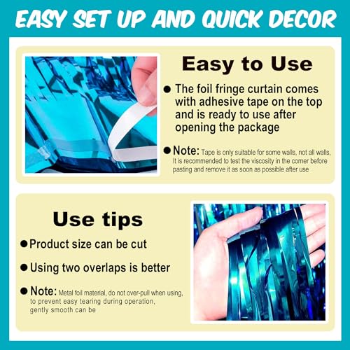 Image of 3 Pack Lake Blue Foil Fringe Curtains Backdrop, 3.28 x 9.8 Ft Metallic Streamers Tinsel Curtains Background for Photo Booth, Birthday, Halloween, Christmas, Thanksgiving, New Year Party Decorations