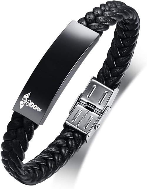 VNOX Personalized Customize Stainless Steel Leather Medical Alert Bracelet Star of Life Medical Leather Bracelet for Men Women,21.5cm,Adjustable