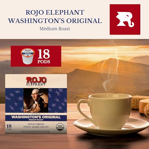 Image of Rojo Elephant Coffee Pods, for use with K-Cup Brewers and Similar Models, Single Origin Arabica Beans, Low Acid, 18 Count (Medium Roast (Washington's Original))