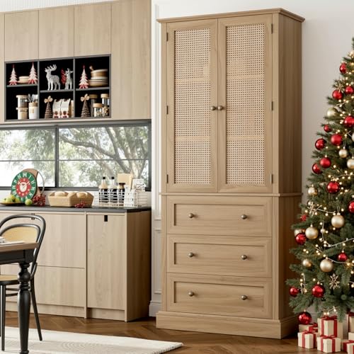 Image of FACBOTALL 73" Tall Kitchen Pantry, Rattan Doors Pantry Cabinet with 3 Drawers and Adjustable Shelf, Large Wood Storage Cabinet, Rustic Wood Cupboard for Kitchen, Dining Room, Bathroom, Walnut