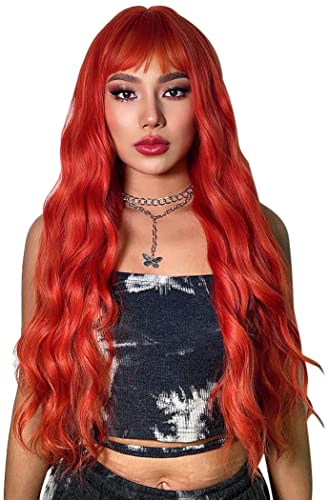 Kellynee Red Wig with Bangs - Long Wavy Bright Red Wigs for Women, Natural Realistic Synthetic Heat Resistant Hair, Best Wigs for Daily/Halloween/Party/Cosplay