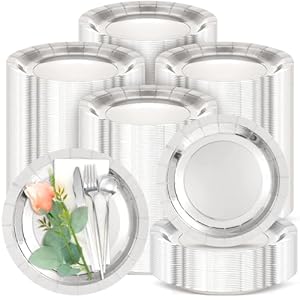 Patelai 160 Pcs Wedding Disposable Charger Plates Bulk 13 Inch Charger Dinner Plate Paper Cardboard Charger Service Plates Round Dinner Charger for Bridal Party Baby Shower Table Setting (Silver)