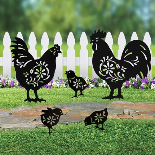 Hokfirm Metal Chicken Garden Decor Outdoor,5 Pack Rooster,Hen,Chicks Yard Art,Garden Statues for Outside (Chicken Black)