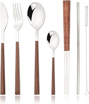 JASHII 24pcs Reusable Flatware Silverware Set, Silver Stainless Steel Knife Fork Spoon Chopstick Straw Set with Square Wooden Handle,Service for 4, Include 1 Brush, Dishwasher Safe.