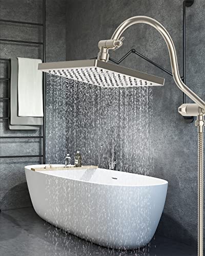 Hibbent Thickness Metal Rain Shower Head, 12 Inch High Pressure Shower Heads, Square Large Bathroom Rainfall Shower Head With Adjustable Brass Ball Joint, Waterfall Full Body Coverage, Brushed Nickel #TOP6
