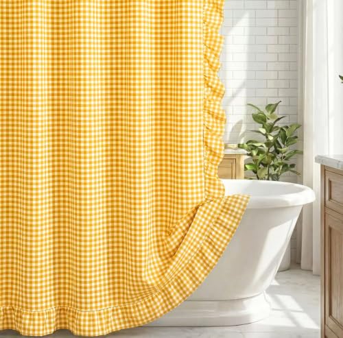 HunnmingRe Ruffled Gingham Shower Curtain 72 x 72 Inch Yellow Cotton Vintage Farmhouse Rural Checkered Plaid Shower Curtain with 12 Hooks for Bathroom Bathtubs Decor