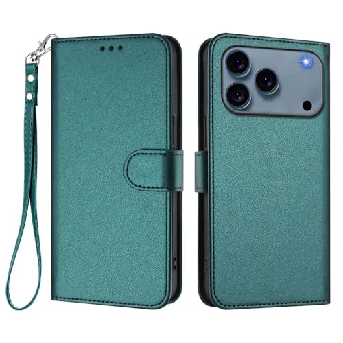 Étui iPhone 17 vert foncé avec housse antichoc en cuir véritable et fentes pour cartes