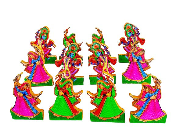 FIRMUS Dandiya Raas Leela Set Of Dancing Gopi With Krishna Ji/Ras Lila For Sharad Purnima Night & Janmastmi Decoration, (Multicolor, MDF Wood) (4 Inch)