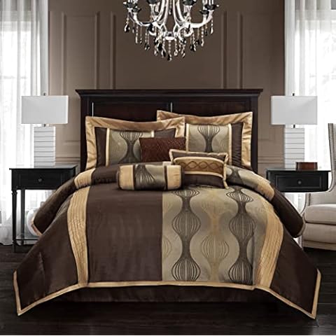Grand Avenue Elegant Brown Comforter Set Queen 7 Piece Bed in a Bag, Striped, Jacquard Bedding Set All Season, Matching Decorative Pillows, Pillow Sham Cover