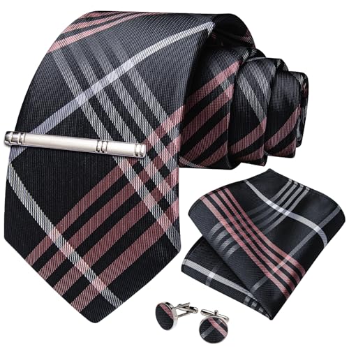 Image of DiBanGu Plaid Ties for Men Silk Checkered Necktie and Pocket Square Cufflinks Tie Clip Set with Gift Box for Wedding Business