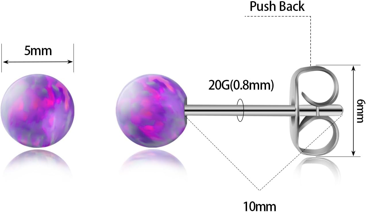 XUU Titanium Opal Stud Earrings,Hypoallergenic 20G Earrings for Sensitive Ears, Multi-Color Options Available,4mm/5mm Stud Jewelry,1 Pair - Image 3