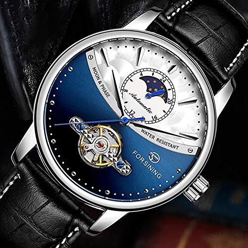 Carlien Automatic Watch for Men Tourbillon Skeleton Watch Moon Phase Waterproof Mechanical Gold Watch (Silver Blue) - Thumbnail 5