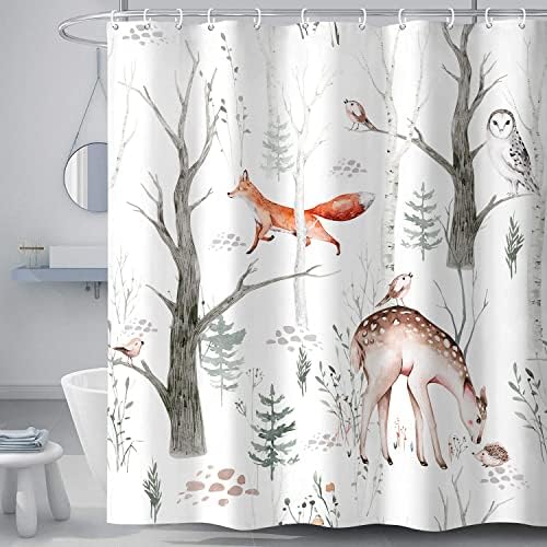 Coveimes Watercolor Woodland Animals Shower Curtain Sets, Rustic Lodge Forest Cabin Country Bath Curtain, Owl Hedgehog Fox Bird Deer Cute Bathroom Waterproof Fabric Curtains with Hooks, 72 x 72