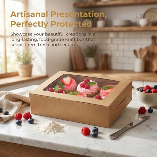 Jucoan 50 Pack Kraft Cupcake Box with Insert and Window Hold 6 Standard Cupcake, Food Grade Cupcake Carrier Container, Brown Bakery Box for Pastry, Cookies, Small Cake, Desserts Treat by Jucoan - Image 3