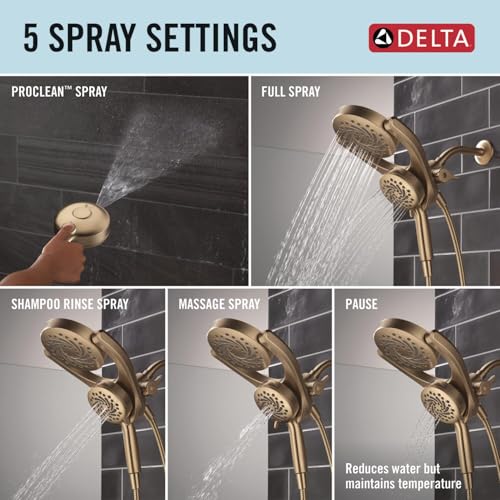 Image of Delta 5-Setting HydroRain 2-in-1 Dual Shower Head with ProClean Spray, Brushed Gold High Pressure Shower Head with Handheld Spray, 1.75 GPM Flow Rate, Champagne Bronze 75419CZ