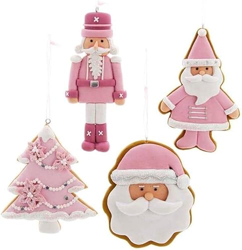 Kurt S. Adler T2876 - Juego de 4 adornos de galleta de masa de arcilla rosa y blanca de 4.5 pulgadas, diseño de cabeza de Papá Noel con decoración