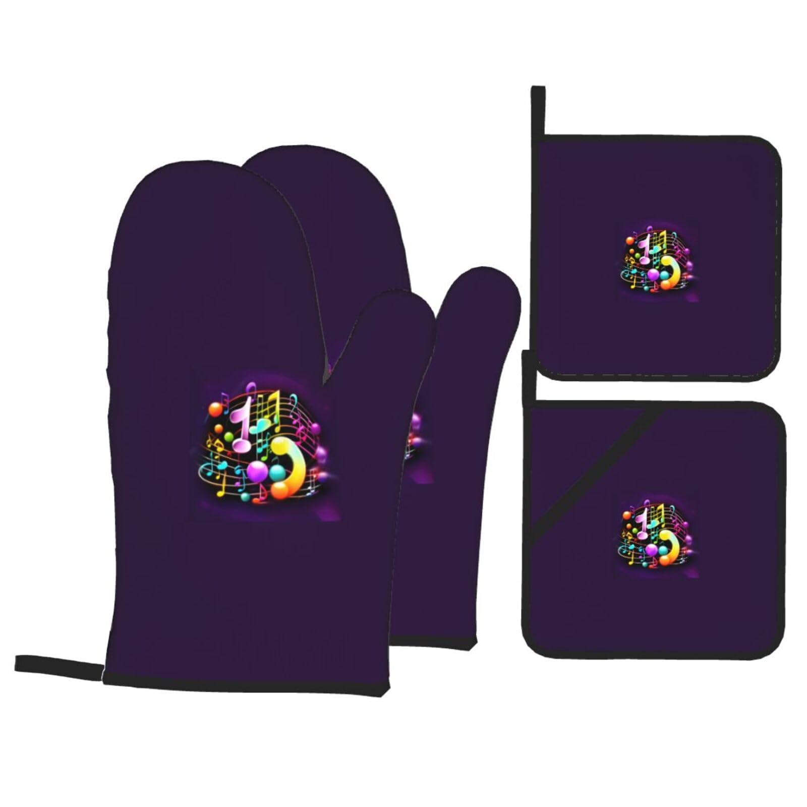 Colorful Musical Note Print 4-Piece Heat-Resistant Oven Waterproof Kitchen Gloves Cooking Roasting Essential