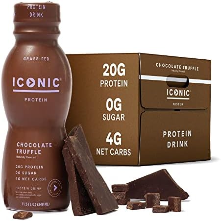 Iconic Protein Drinks, Chocolate Truffle (12 Pack) - Sugar Free & Low Carb - 20g Grass Fed Protein - Lactose Free, Gluten Free, Non-GMO, Kosher - Keto Friendly Protein Shakes