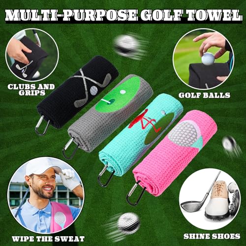 Hosuly 4 Pcs Funny Golf Towel Embroidered Golf Towels for Golf Bags with Clip Golf Gifts for Men Women Birthday Gifts for Golf Fan, Retirement Gift 24 x 16 Inch (Funny Style)