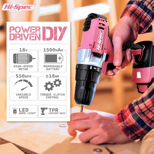 Image of Hi-Spec Cordless Drill Tool Set: Pink Power Drill for Women used for DIY, Building and Fixing Tasks Easy to use All In One Set in Pink Color Stored in a Case 81 Pieces