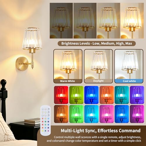 Image of Battery Operated Wall Sconce Set of 2, Rechargeable Wireless Wall Lights with 5200mAh Dimmable Bulbs and Remote,15 Colors Wireless Wall Lamps for Bedroom Living Room Hallway Decor-Clear Gold