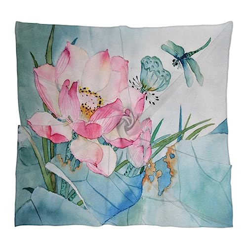 QsirBC Lotus Dragonfly Square Silk Scarf, Summer Head Scarf, Hair Scarf for Women Soft Smoothness for Travel Yoga Handkerchief Shawl Sunscreen Gift 23.6× 23.6 Inches