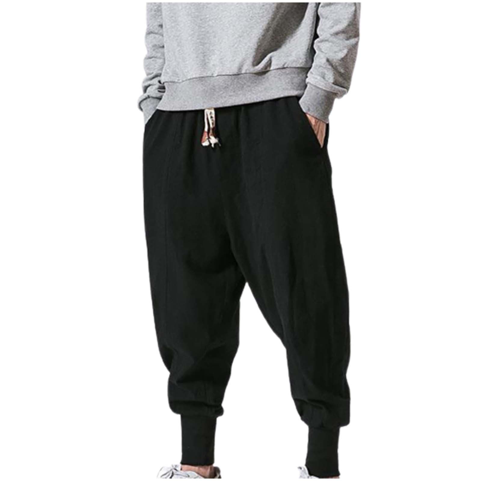 Mens Hemp Blend Oversized Pants, Mens Fashion Versatile Pure Color Elastic Waist Drawstring Four Seasons Hiking Pants