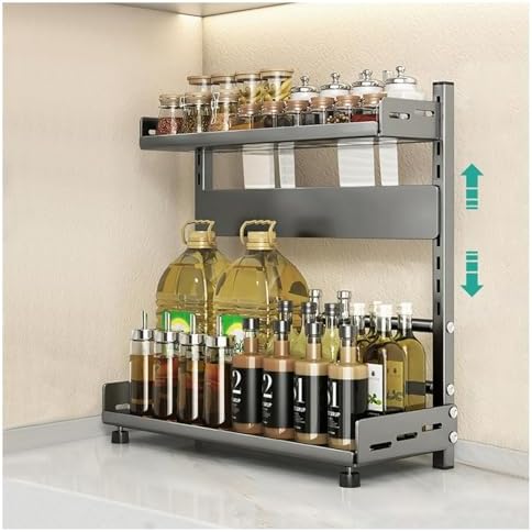 3-Tier Adjustable Metal Kitchen Rack - Height-Adjustable Countertop Organizer with Knife Slot, Rust-Proof & Sturdy Storage Shelf (Grey, 50cm)