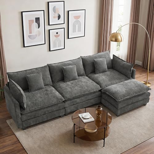 Image of 113 inch Modular Sectional Sofa, L Shaped Cloud Couch with Ottoman | Comfy Chenille Deep Seat Sofa with Throw Pillows, 4 Seat Modern Couches for Living Room Bedroom Apartment, Grey, 113 inch L