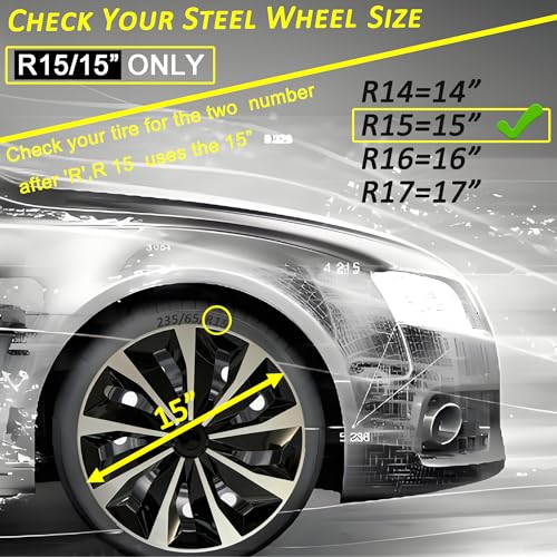 Image of Hubcap Wheel Covers Replacement Size R15 Hub Caps Universal-Fit Steel Wheel Rims Cover ABS Tire Cap for Most Cars Trucks Sedans SUV -Set of 4(15-inch,Silver-Black)