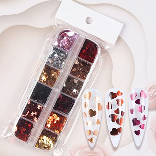 12 Grids 3D Heart Nail Glitter Sequins Valentines Day Nail Art Stickers Decals Gold Red Silver Heart Glitter Flakes Shiny Heart Nail Art Stickers Valentines Glitter For Nails Design Supplies #TOP6