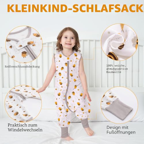 Baby Schlafsack Sommer mit Füßen 0.5 Tog 100% Baumwolle Kinder Sommerschlafsack für Jungen und Mädchen (Biene, M/1-2T) – Ansicht 3