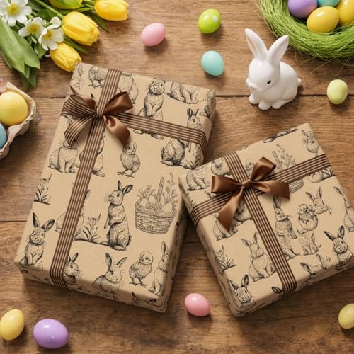 Wikadlik Kraft-Oster-Geschenkpapierrolle mit Schnittlinien auf der Rückseite - Häschen-Küken-Muster Geschenkpapier für festliche Bastelarbeiten und Dekorationen - 43 cm x 10 m