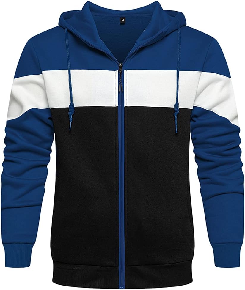 DUOFIER Men's Hoodies Zip Front Sweatshirt Color Blocking Hooded