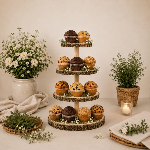 Upper Midland Products Wood Cupcake Stand, 4-Tier Rustic Wooden Dessert Tower with Natural Bark-Edges for Cupcakes, Treats, Weddings, Parties and Table Décor