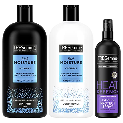 Image of TRESemme Rich Moisture Shampoo, Conditioner & Heat Defence Spray Care + Styling Regime Bundle 3 Piece