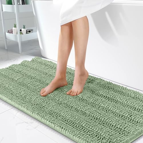 Image of OLANLY Thick Bathroom Runner Rugs 47x24, Extra Absorbent Chenille Striped Bath Rugs, Rubber Backing, Machine Wash Dry, Long Bath Mats for Bathroom, Tub and Shower, Home Decor Accessories, Sage Green
