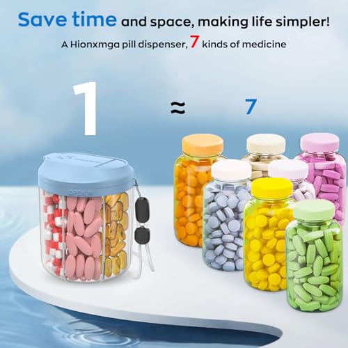 Image of Hionxmga Pill Dispenser with 7 Large Compartments, 4.4 inch H x 3.6 inch Dia Pill Bottle Organizer for Travel, Supplement Organizer with Anti-Mixing Design, BPA-Free Pill Container with 20 Pcs Labels, Blue