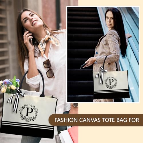Image of Personalized Initial Canvas Tote Bags, Monogrammed Tote Bag Gifts for Women Teacher Friend for Birthday Wedding