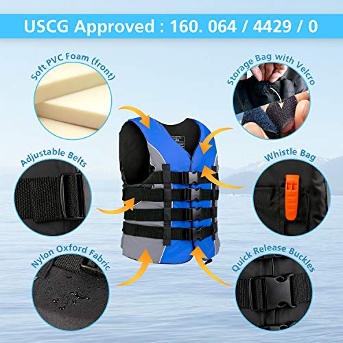 XGEAR Adult USCG Life Jacket Vest Water Sports (Blue, XL)
