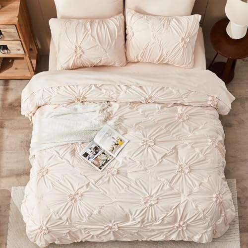 Image of Beige Comforter Set Full Size Bed in A Bag 7 Piece Pinch Pleat Bedding Set,Pintuck Ruched Flowers Bed Set with Comforter, Sheets, Pillowcases & Shams
