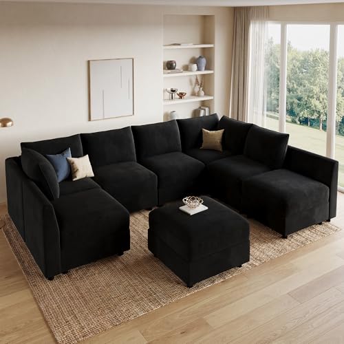 Image of HONBAY Velvet Oversized Modular Sectional Sofa with Storage,Black