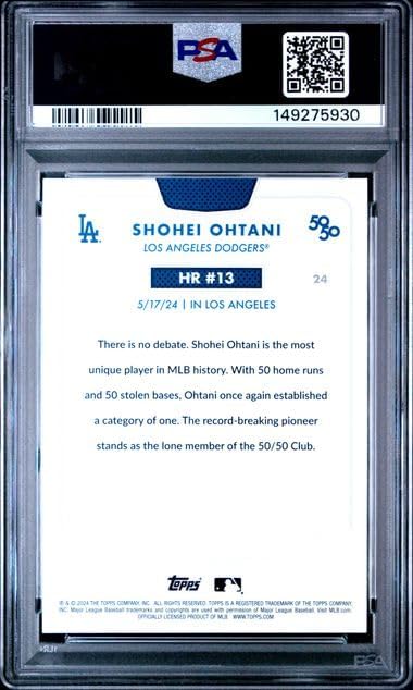 Graded Psa Gem Mint 10 Shohei Ohtani #24 Baseball Card 50/50 Home Run And Stolen Bases Club Dodgers 4 time Mvp Superstar. Celebrate Home Run #13 During His Record Setting Season
