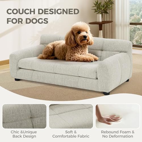 Image of Dog Couch Bed, 38 inch Sofa for Dogs with Backrest and Armrest, Durable Pet Sofa with Soft Foam Cushion, Elevated Dog Couch Bed with Legs for Medium Dogs, Beige