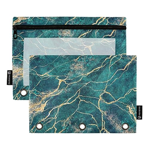 MCHIVER Green Marble Gold Glitter Pencil Pouch for 3 Ring Binder Pencil Pouches with Zippers Clear Window Binder Pockets Pencil Bags for Daily Organzier Office Work 2 Packs