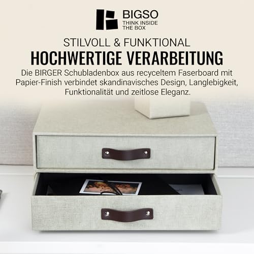 BIGSO BIRGER Schubladenbox – Aufbewahrungsbox mit 2 Schubladen – Schreibtisch Ablage für Dokumente & Bürobedarf – Ablagesystem aus recycelter Faserplatte und Papier – beige