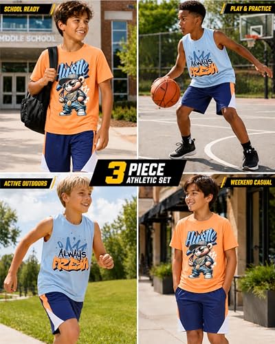 Image of Pro Athlete Boys Active Shorts Set - 3 Piece Athletic Dry Fit Graphic Tees Tank Tops and Basketball Shorts for Boys
